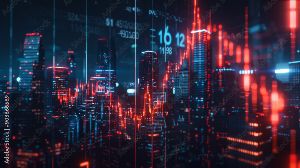 Cityscape with many buildings illuminated in red and blue. The city appears to be in the midst of a financial crisis, as evidenced by the red lights. Abstract background, copy space. Cityscape with many buildings illuminated in red and blue. The city appears to be in the midst of a financial crisis, as evidenced by the red lights. Abstract background, copy space.