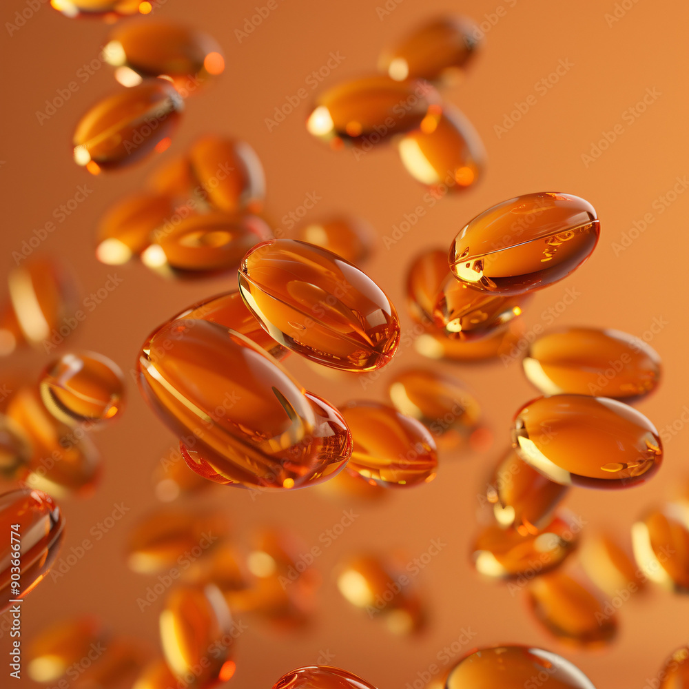 Close-up of Orange Gelatin Capsules Floating in Air Close-up of Orange Gelatin Capsules Floating in Air