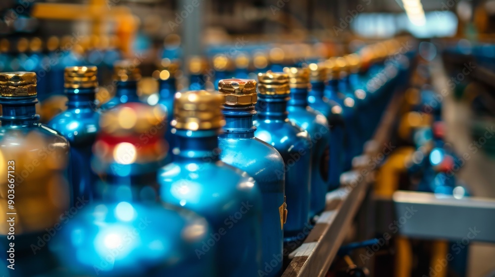 Obraz premium Oxygen cylinder with compressed gas. Blue Oxygen tanks for industry. Liquefied oxygen production. Factory