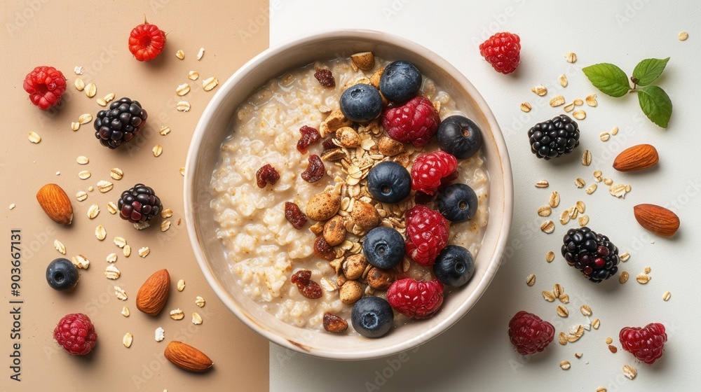 Delicious Bowl of Oatmeal with Fresh Berries, Nuts, and Granola on a Split Background
