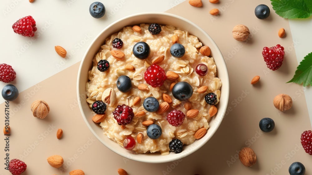 Delicious and Nutritious Bowl of Oatmeal with Fresh Berries, Almonds, and Walnuts on a Stylish Background Delicious and Nutritious Bowl of Oatmeal with Fresh Berries, Almonds, and Walnuts on a Stylish Background