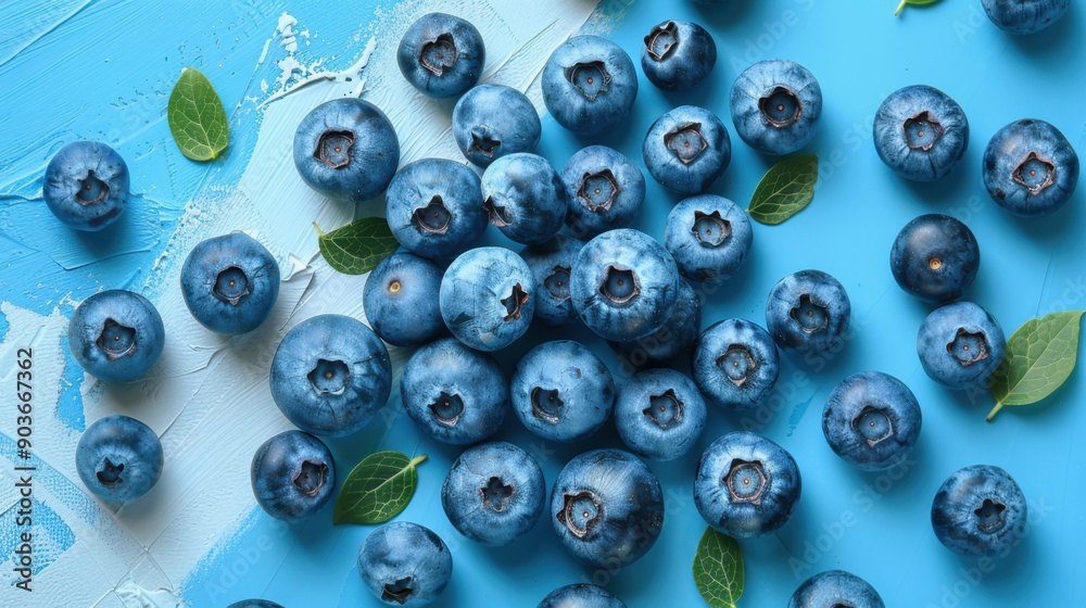 Fresh Blueberries on a Blue Background with Green Leaves - Vibrant and Healthy Fruit Arrangement Fresh Blueberries on a Blue Background with Green Leaves - Vibrant and Healthy Fruit Arrangement