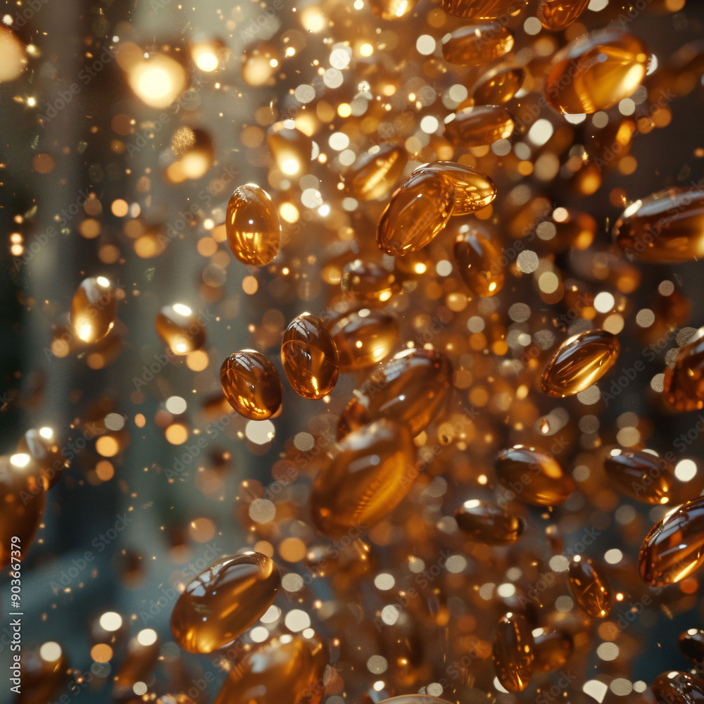 Golden Capsules Falling Through Air with Bokeh Lights Golden Capsules Falling Through Air with Bokeh Lights