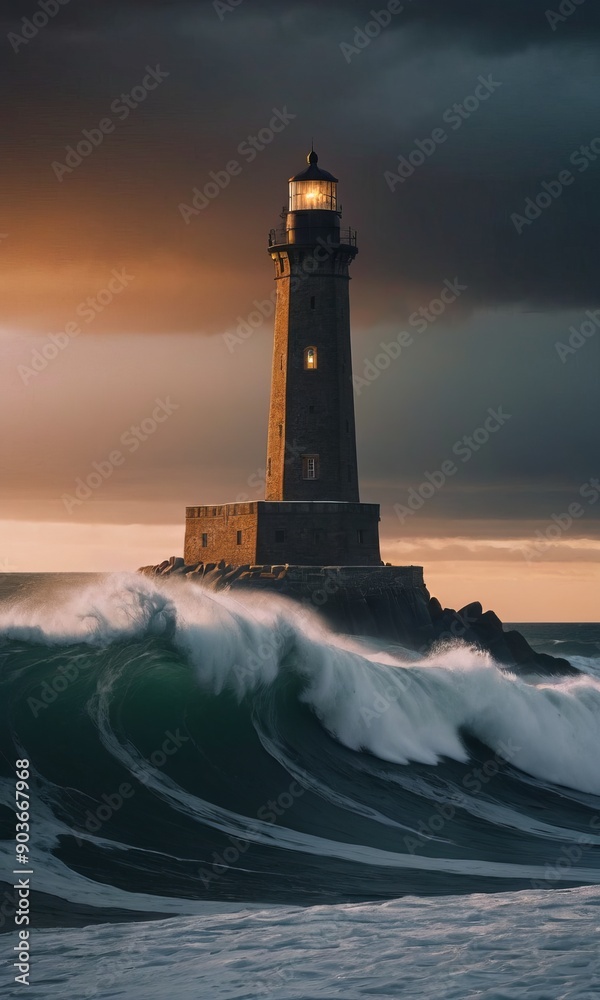 A tall lighthouse standing on a cliff, the waves of the ocean crashing against the rocks