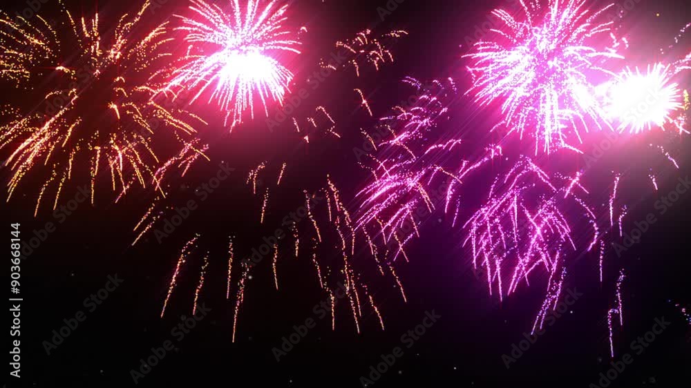 slow motion fireworks in the night sky. 3D animation. Happy new years idea concept.