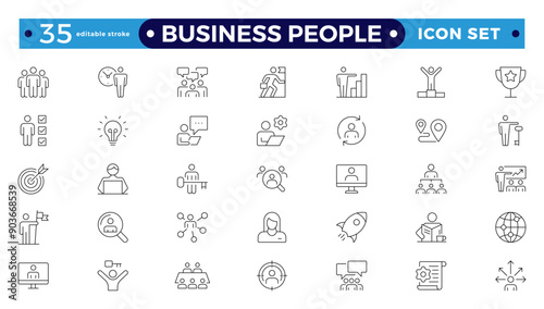 Business people line icons set. Businessman outline icons collection. Teamwork, human resources, meeting, partnership, meeting, work group, success, resume. Editable stroke outline icon. 
