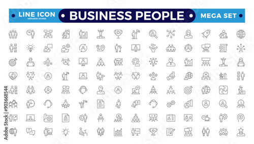 Business people line icons set. Businessman outline icons collection. Teamwork, human resources, meeting, partnership, meeting, work group, success, resume. Editable stroke outline icon. 
