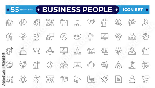 Business people line icons set. Businessman outline icons collection. Teamwork, human resources, meeting, partnership, meeting, work group, success, resume. Editable stroke outline icon. 
