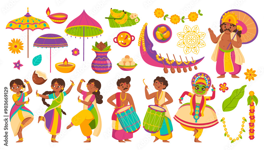 Fototapeta premium Hand drawn flat happy onam element set collection