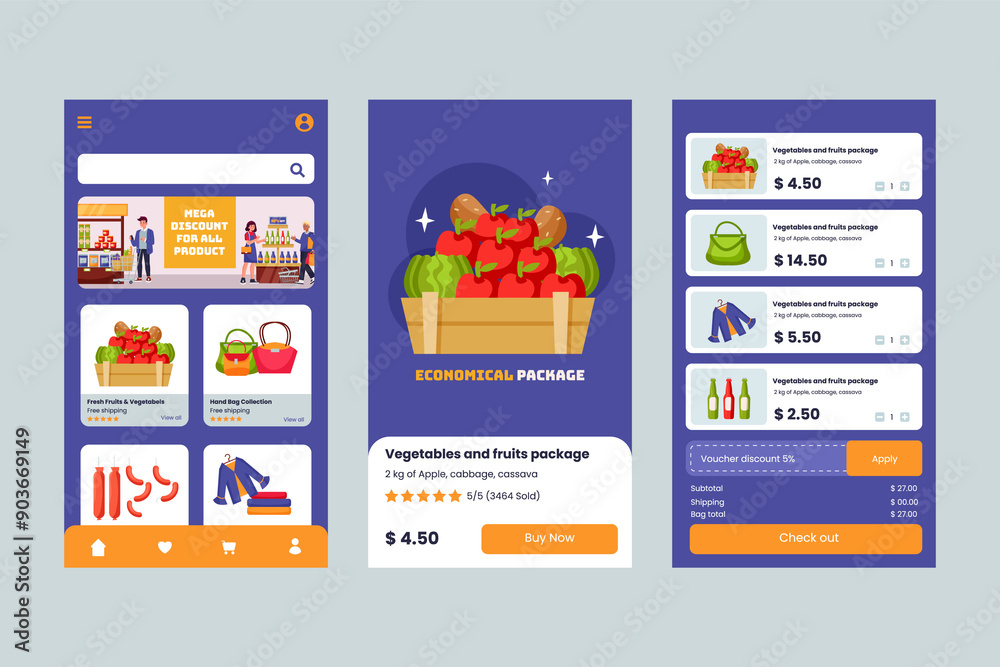 Fototapeta premium Hand drawn flat shopping app design template set