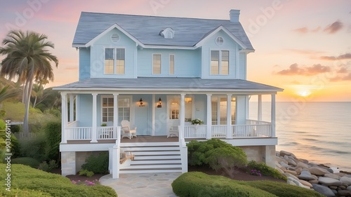 A charming, coastal cottage with a wrap-around porch, pastel blue shutters, and a private dock for watching the sunset over the ocean. photo