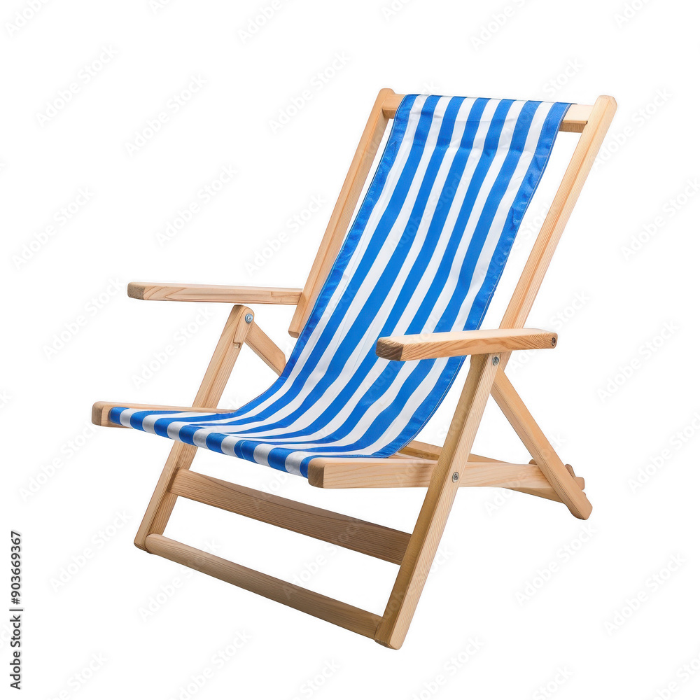 Blue and White Striped Beach Deck Chair on Isolated White Background Blue and White Striped Beach Deck Chair on Isolated White Background