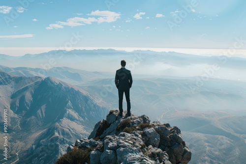 business concept, wide angle view of a one single businessman standing on the top of a mountain, observing the land downthere