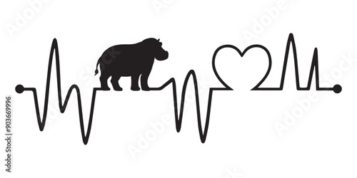 Heartbeat line with Hippopotamus silhouette, Hippopotamus and Heartbeat frequency with Heart Love Vector illustration