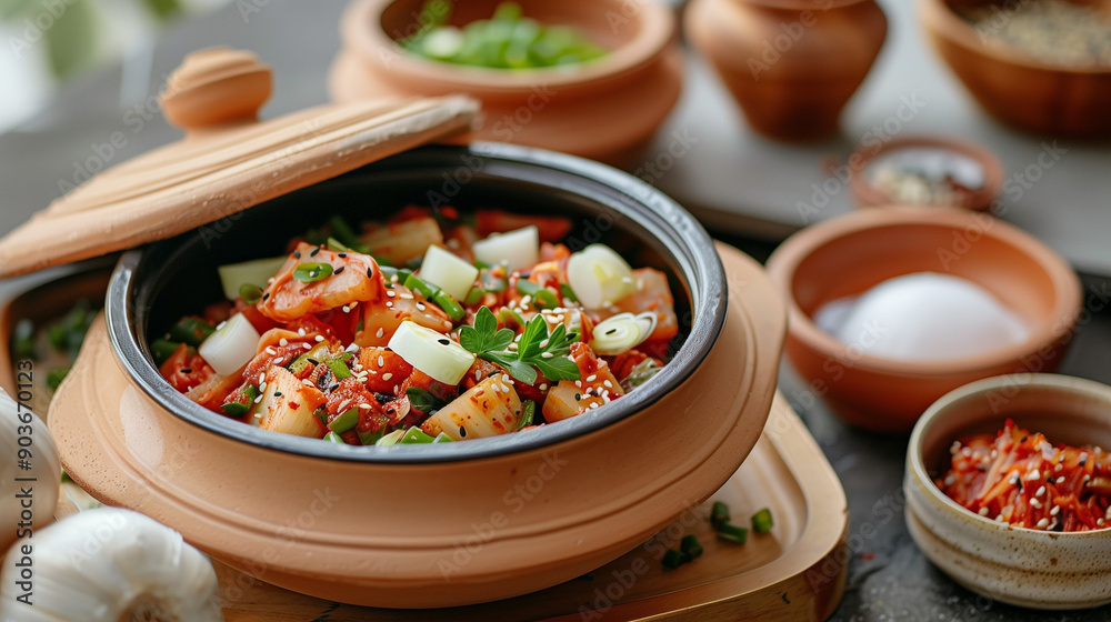 Traditional Korean kimchi served in an earthenware pot, garnished with green onions and sesame seeds, surrounded by ingredients. Traditional Korean kimchi served in an earthenware pot, garnished with green onions and sesame seeds, surrounded by ingredients.