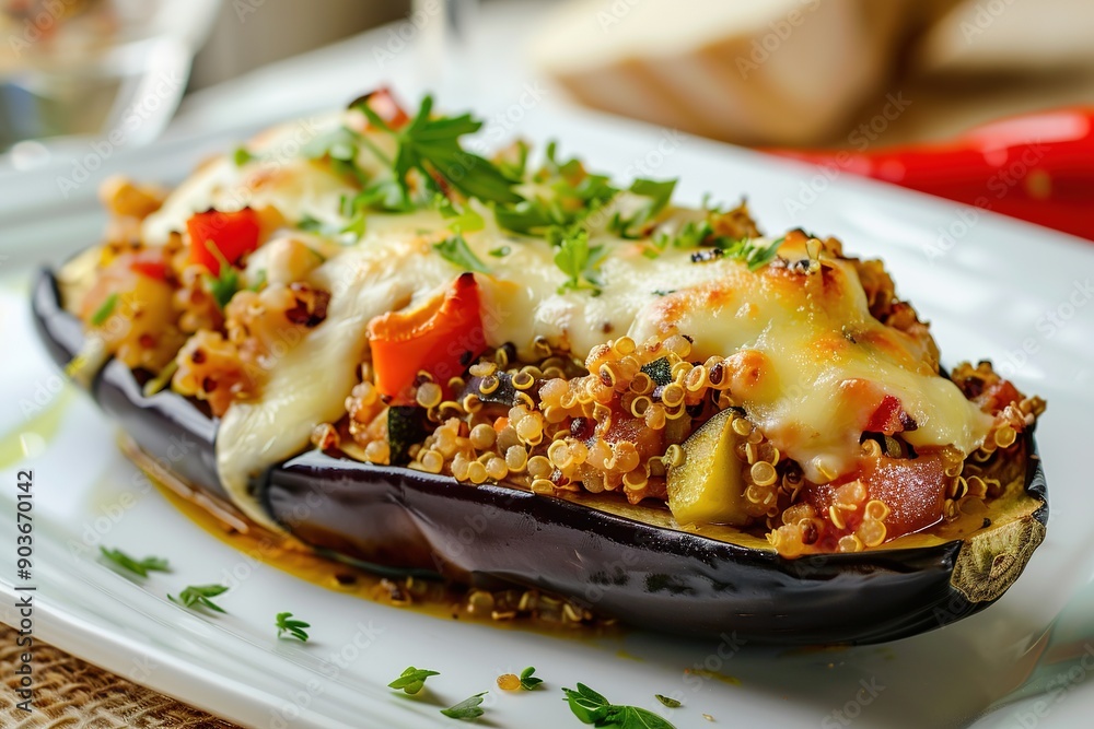  vegetarian stuffed eggplant dish, filled with quinoa, vegetables, and topped with melted cheese, served on a white plate