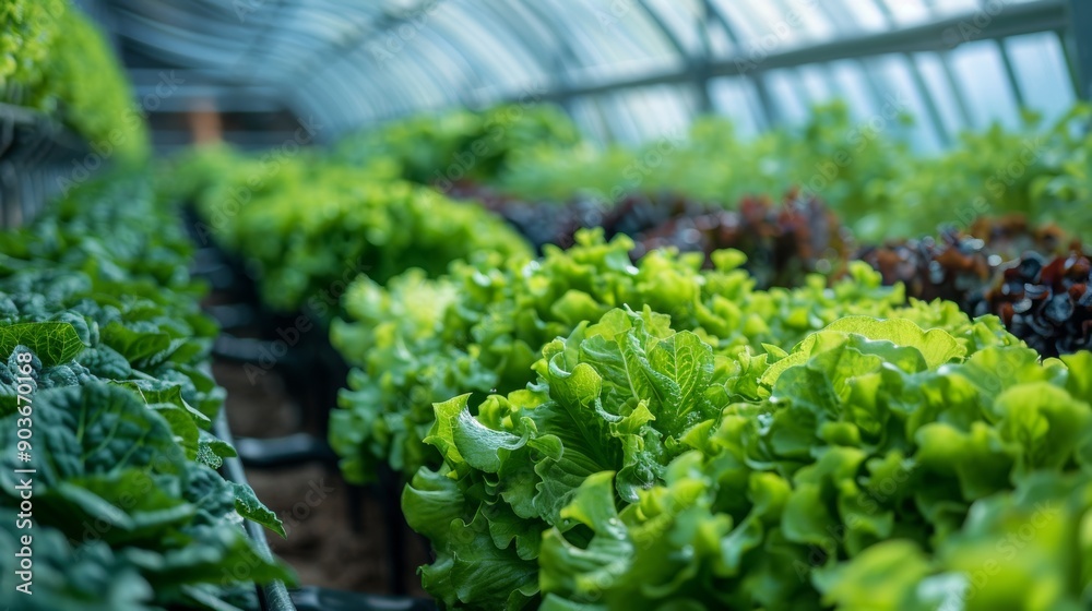 Interior view of a large-scale hydroponic farm with rows of vegetables under precise climate control Interior view of a large-scale hydroponic farm with rows of vegetables under precise climate control