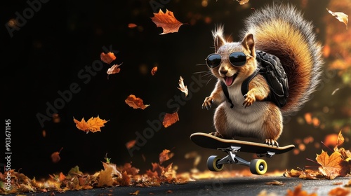 A cheerful squirrel wearing aviator sunglasses, riding a skateboard with a small backpack, zooming through a park with autumn leaves falling, on a black background 