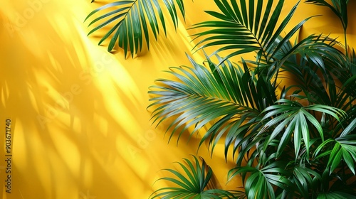 Bright yellow painted wall framed with green tropical palm leaves, sunlight with shadows patterns, summer background.