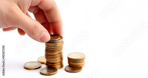 Hand placing coins in column isolated on white background, Business concept of making money oraredling to financial success with stack gold coin 