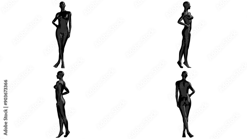 Black Female Mannequin Standing in Relaxed Pose, Isolated on Transparent Background. Multiple Views (Front, Side, Back) Black Female Mannequin Standing in Relaxed Pose, Isolated on Transparent Background. Multiple Views (Front, Side, Back)