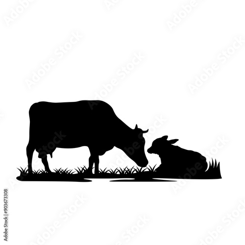 Cow | Calf | Dairy Farm | Animal Farm | Cattle | Domestic Animal | Mother Cow | Baby cow | Original Illustration | Vector and Clipart | Cutfile and Stencil