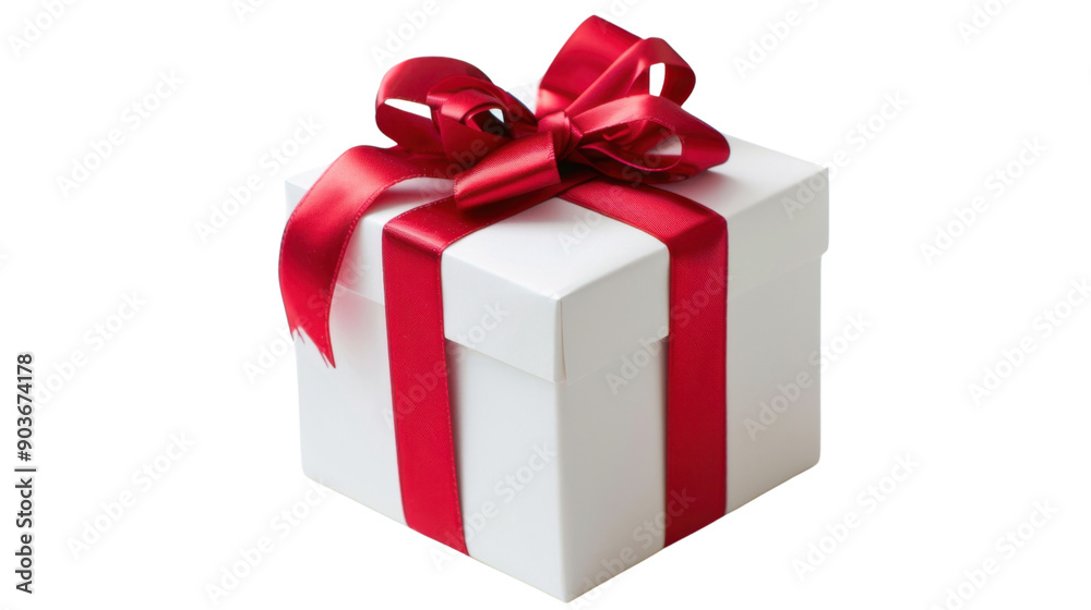 Christmas white gift with red ribbon bow on transparent background Christmas white gift with red ribbon bow on transparent background