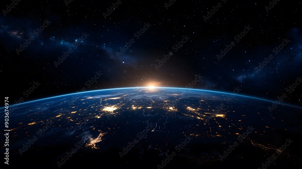 Fototapeta premium Spectacular Sunrise Over Earth with Starry Sky and Milky Way