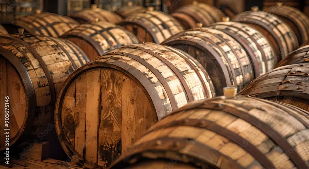 Wooden whiskey barrels stacked in a dimly lit cellar Wooden whiskey barrels stacked in a dimly lit cellar