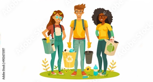 Team of young volunteers collecting trash in nature.Generated image photo