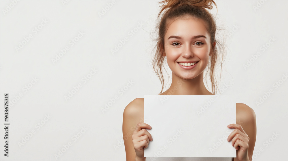 Young woman with long hair holding blank paper against white background Young woman with long hair holding blank paper against white background