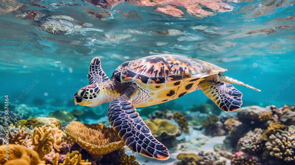 Fototapeta premium Hawksbill turtle - Eretmochelys imbricata swims underwater. Coral reef of the Indian Ocean