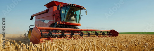 Red combine harvester is harvesting wheat in field. Harvest, farming. Copy space for text