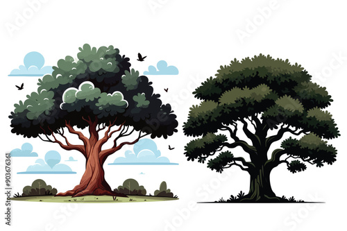 Group of Green tree illustrations with lush foliage and intricate branches on a white background