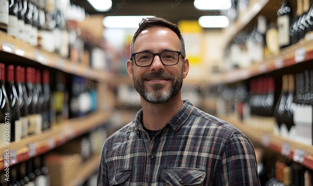 A man stands in front of wine shelves in a liquor store , Generative AI A man stands in front of wine shelves in a liquor store , Generative AI