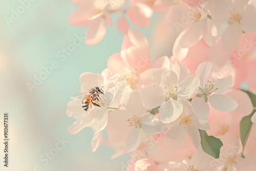 A bee on an apple blossom, Photorealistic, Photography, Soft Whites and Pinks, Macro Shot