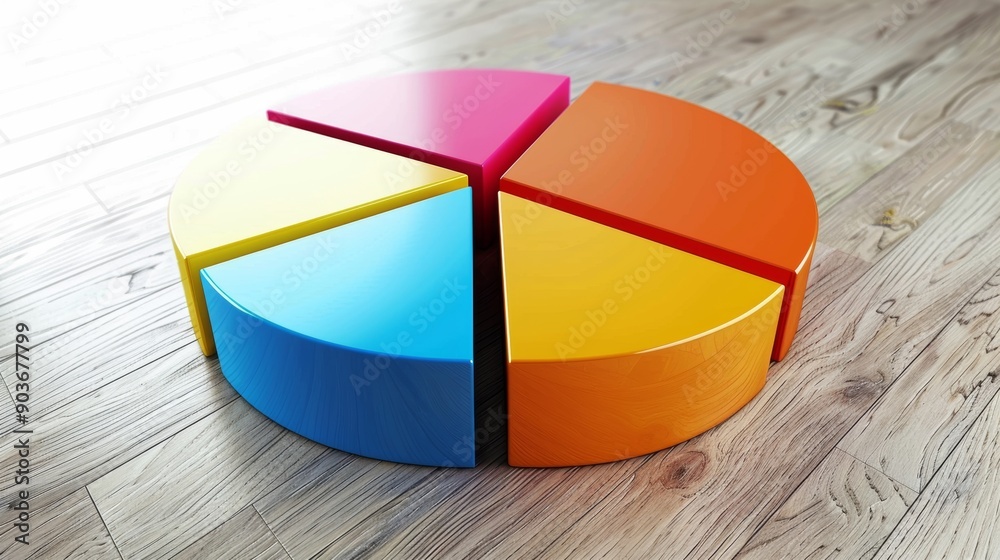 Fototapeta premium A colorful pie chart is cut into four pieces and placed on a wooden surface