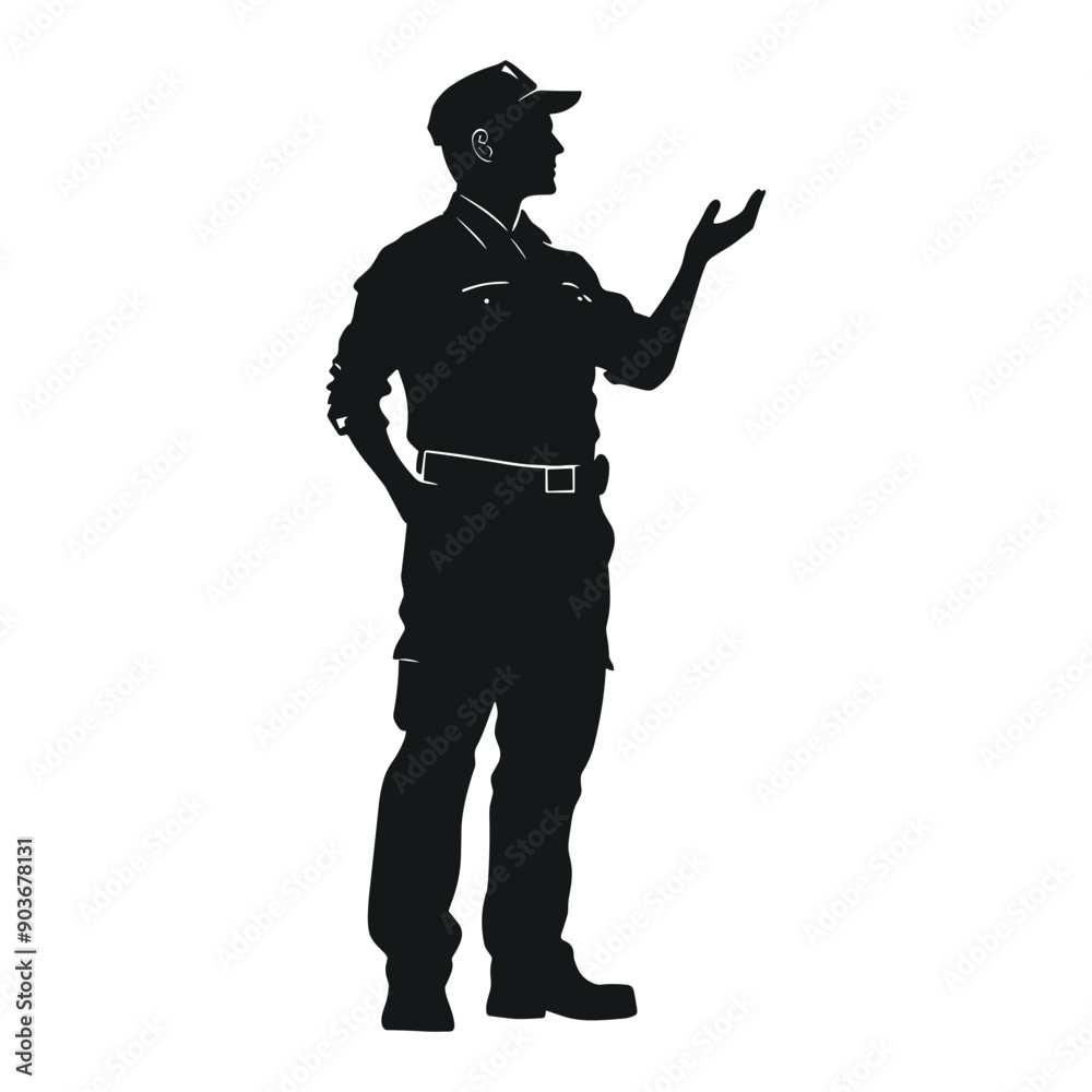 Silhouette of a man in a uniform, standing and gesturing. Silhouette of a man in a uniform, standing and gesturing.