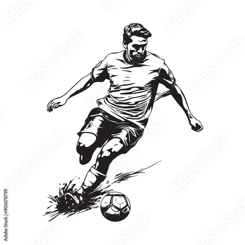 Soccer Player Kicking Ball Vector Illustration. Football Player Sketch Style Design isolated on white background