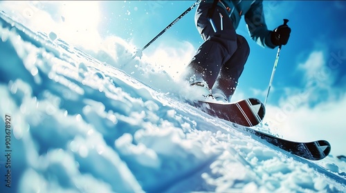Close up of skier athlete during action on snowy mountain slope