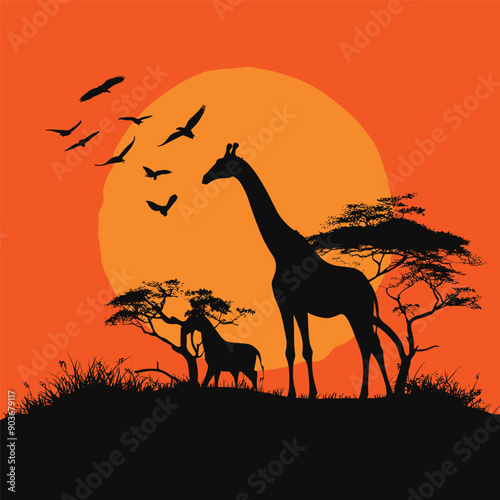 Silhouette of a giraffe and a gazelle in an African savanna at sunset.