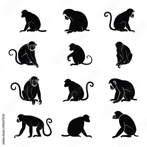 Set of 12 black monkey silhouettes in different poses.