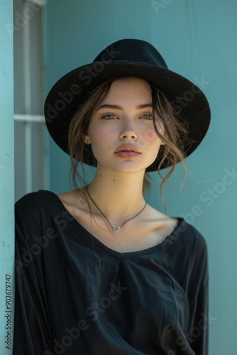 Young woman with hat leaning thoughtfully against blue wall