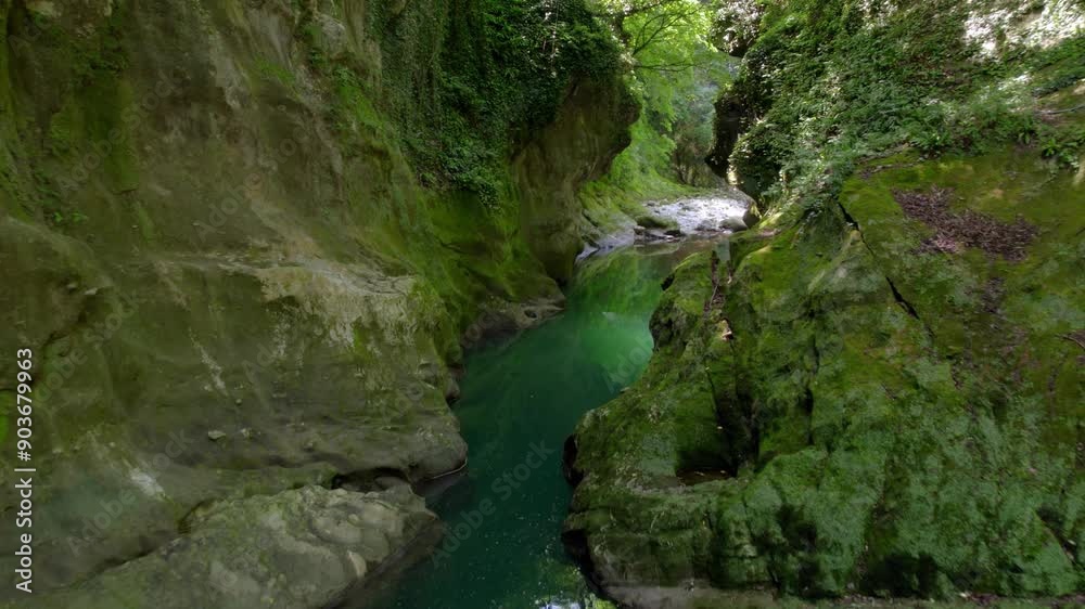 A drone flies through a lush Georgian canyon, showcasing cliffs, water, and greenery. A drone flies through a lush Georgian canyon, showcasing cliffs, water, and greenery.