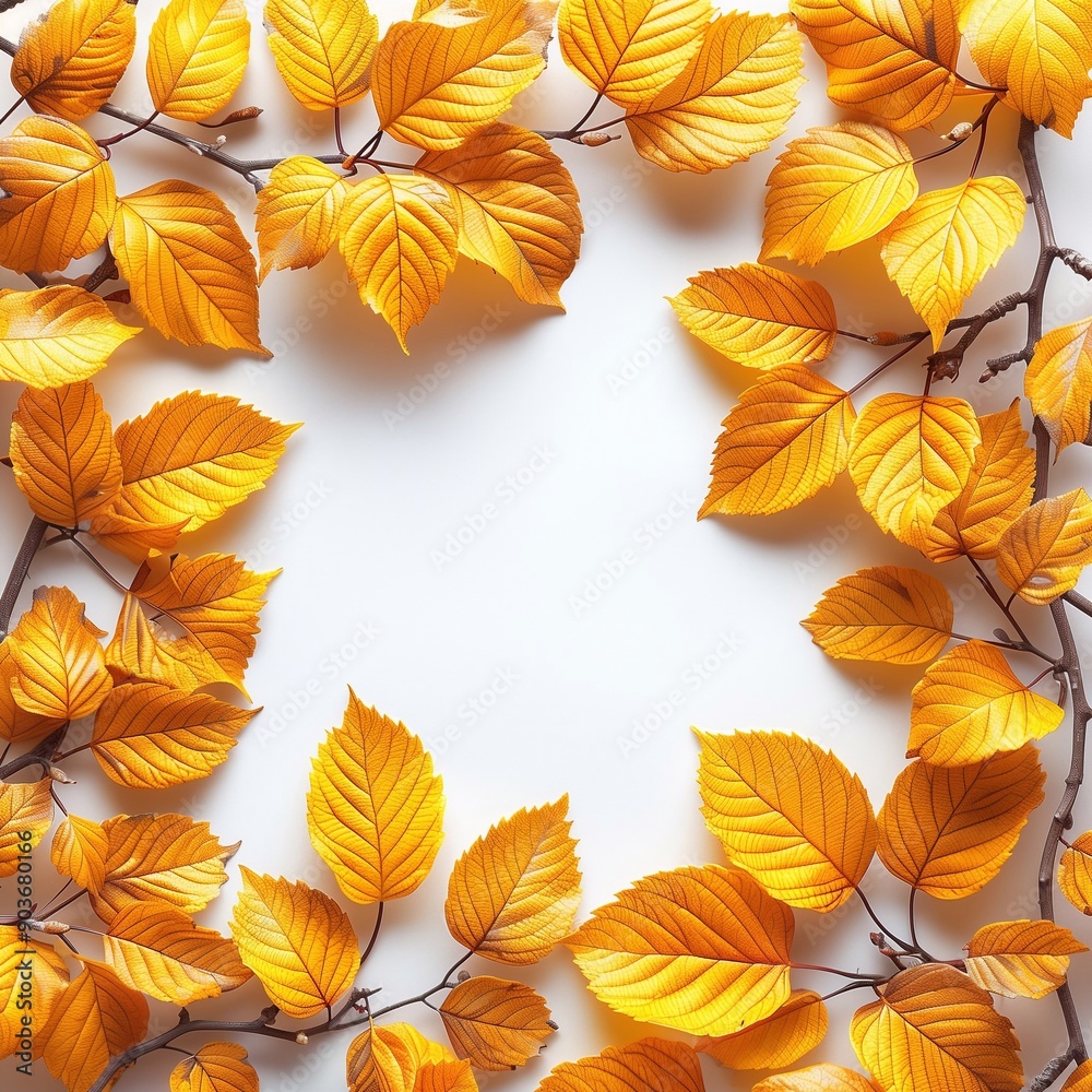 Obraz premium Frame of yellow fall leaves on white background, copy space