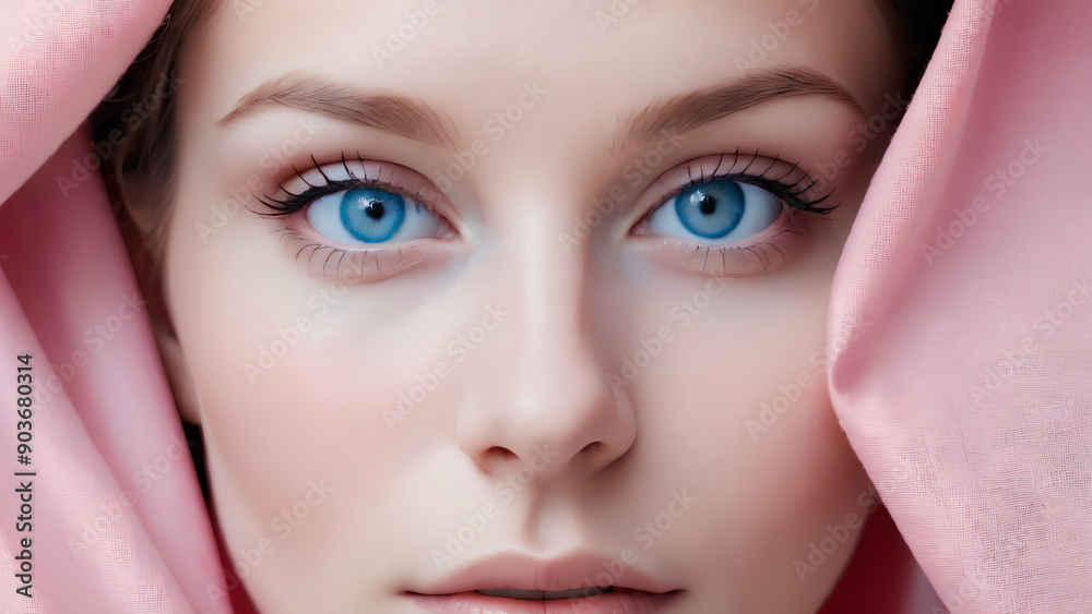 Close-up of a woman’s face half-covered by a pink fabric Close-up of a woman’s face half-covered by a pink fabric