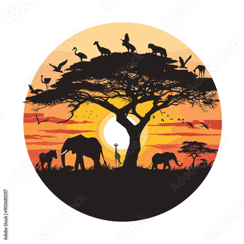 Silhouette of African animals at sunset in a circle.