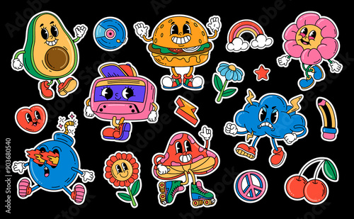 Flat groovy 70s character sticker set