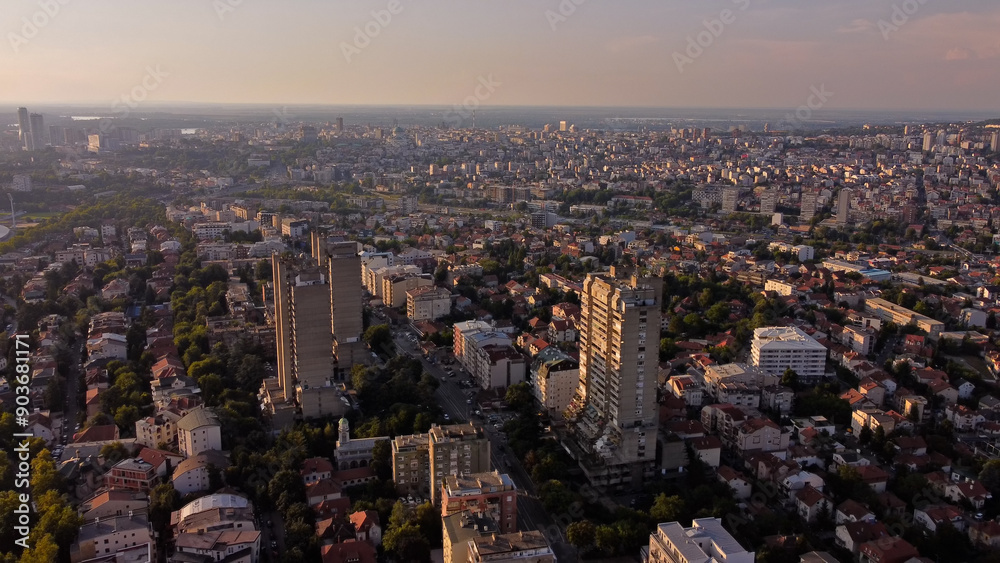 Fototapeta premium Jedinstvo concrete buildings and Vozdovac municipality, one of recognizable brutalism architecture symbols in Belgrade, capital of Serbia.