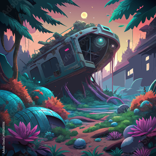 A derelict space station drifting in the void, overgrown with alien flora and littered with broken technology, bathed in the glow of distant stars